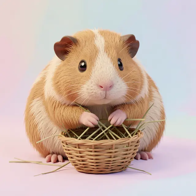 Chubby fluffy guinea pig holds hay while weaving a small wicker basket on a soft pastel gradient background