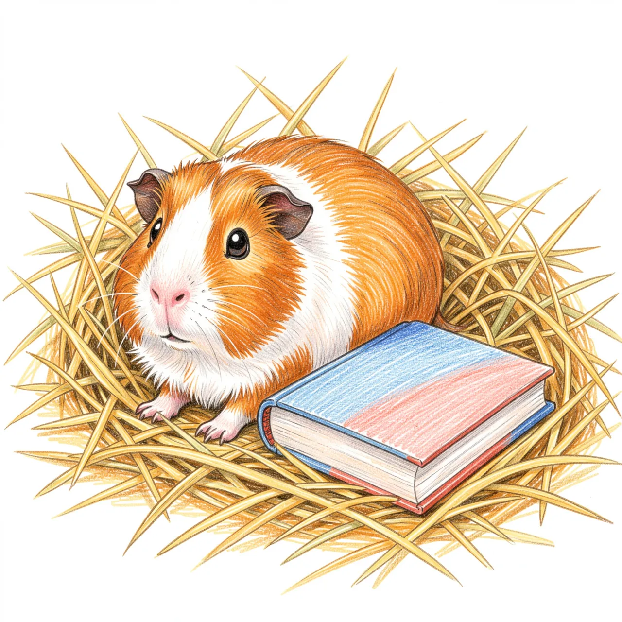 Colored pencil drawing of a brown and white guinea pig resting in hay next to a small closed book