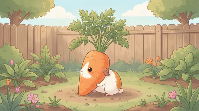 A cute fluffy guinea pig sits beside an oversized growing carrot in a sunny backyard vegetable garden