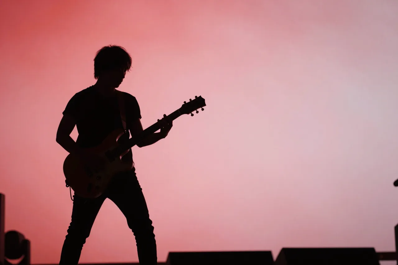 Silhouette of an electric guitarist standing on stage against a soft red gradient backlight, with empty copy space to the