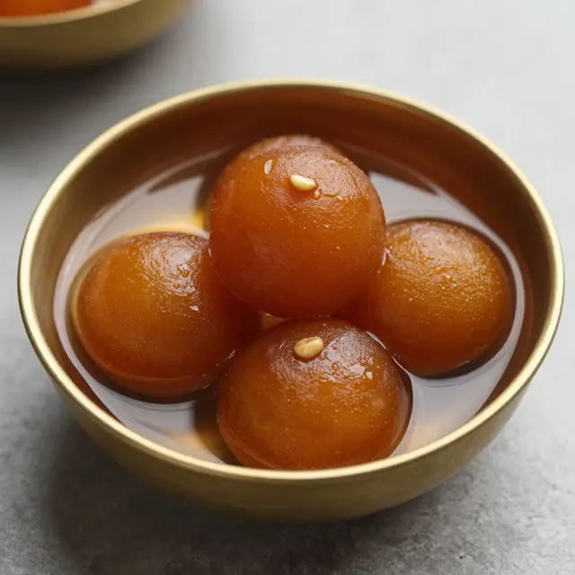 Glossy gulab jamun in sugar syrup sit in a small brass bowl atop a gray stone surface