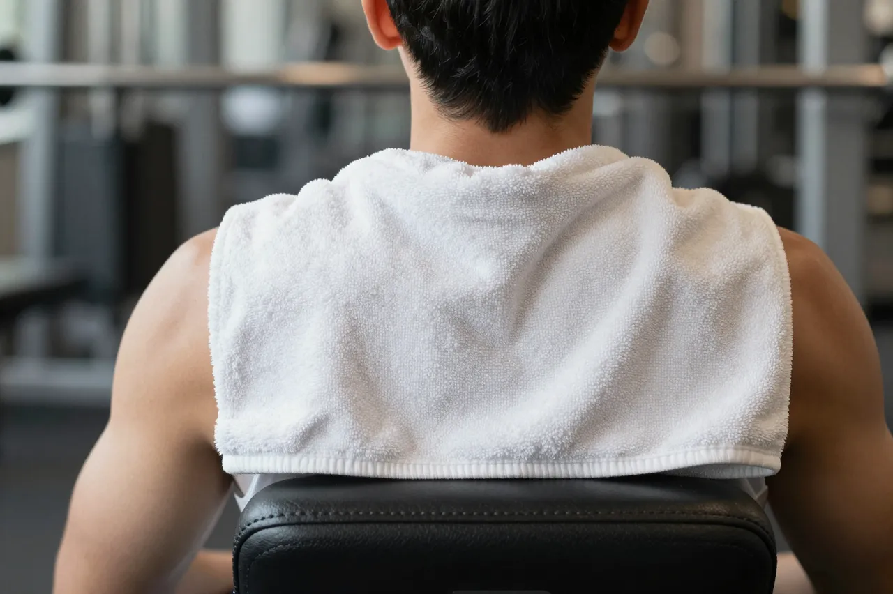 Rear view of an adult resting on a gym bench with a white towel draped over their shoulders in a gym.