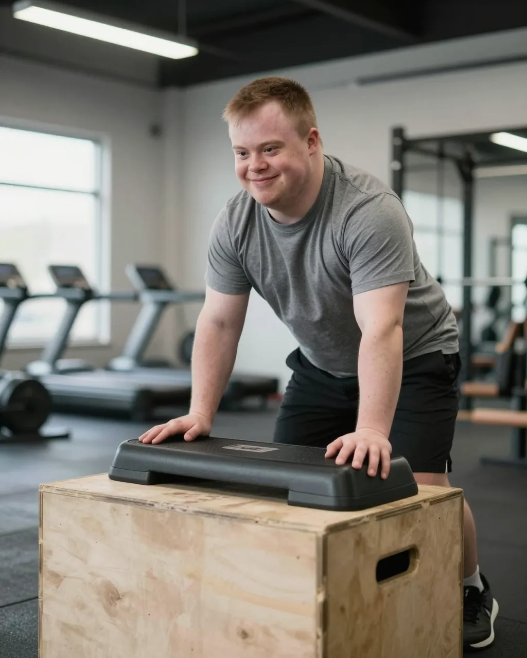 Smiling young man with Down syndrome rests hands on gym step equipment in a bright gym.