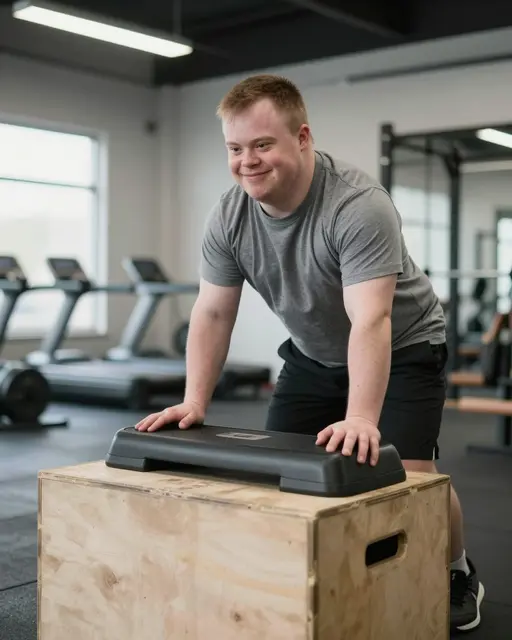 Smiling young man with Down syndrome rests hands on gym step equipment in a bright gym.