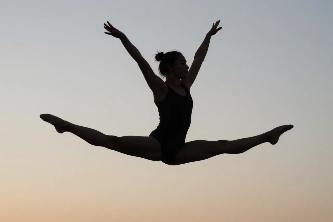 Silhouette of a female gymnast executing a full split leap against a soft pale dawn sky