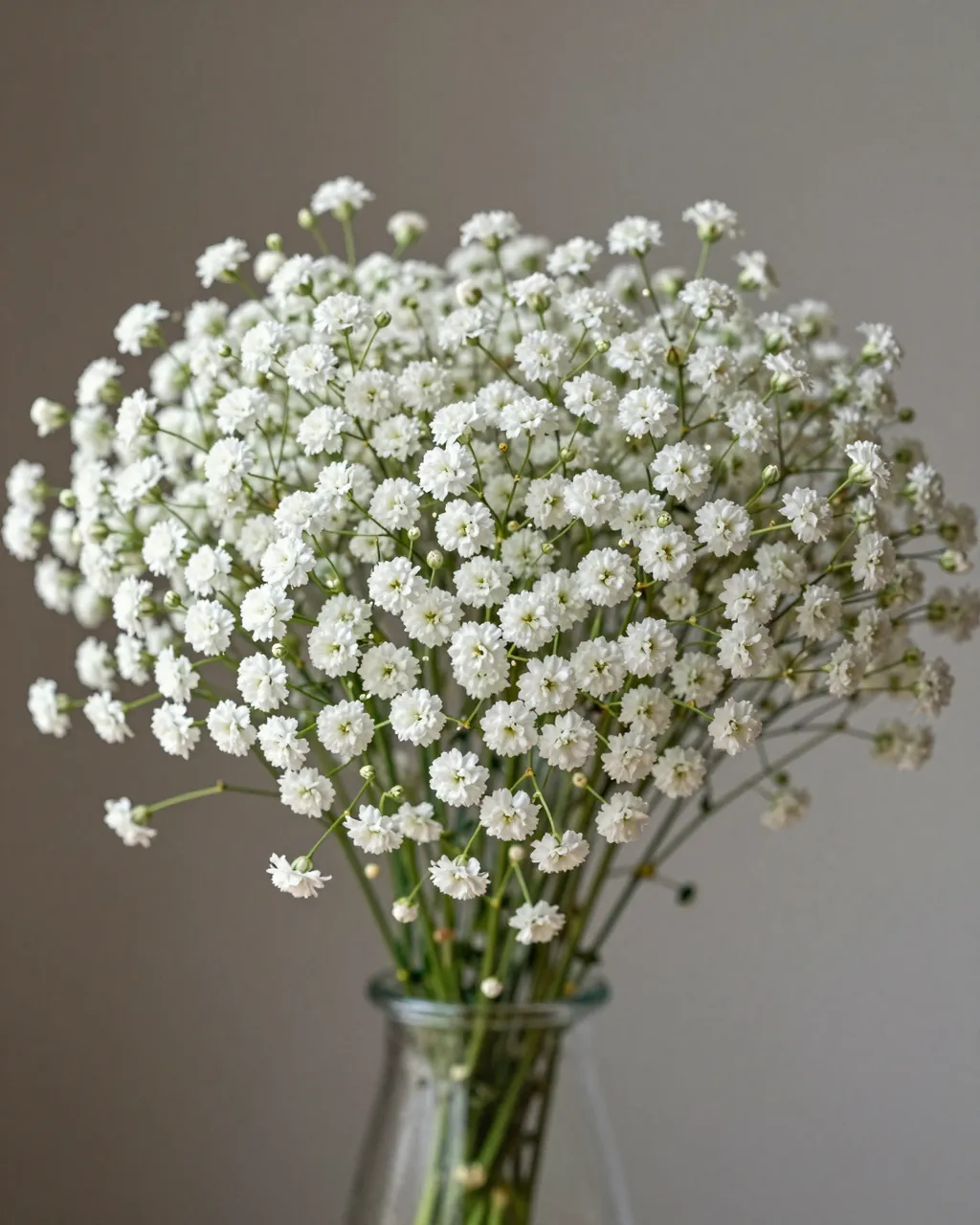 Dense cluster of tiny white gypsophila flowers arranged in a clear glass vase against a soft neutral background