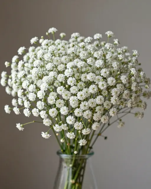 Dense cluster of tiny white gypsophila flowers arranged in a clear glass vase against a soft neutral background