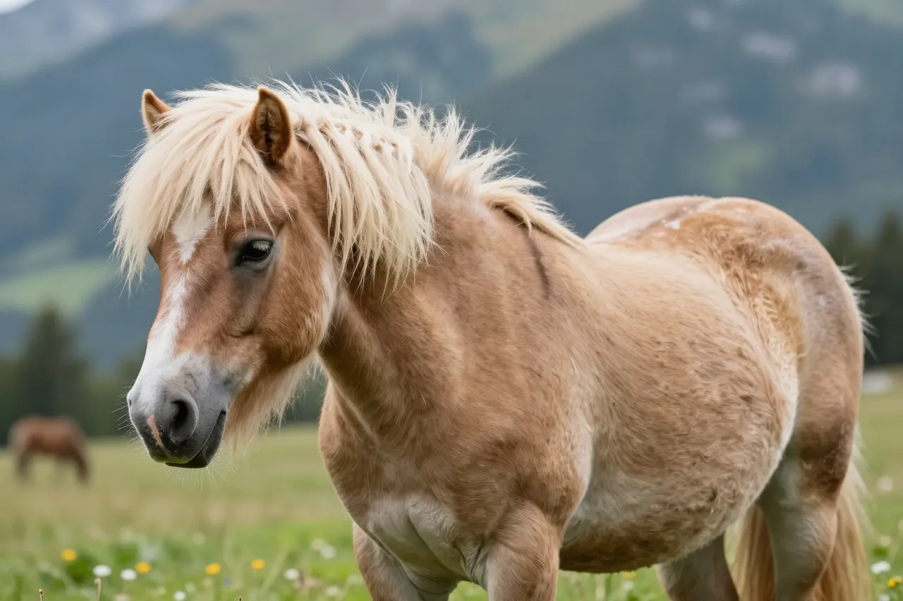 A chestnut Haflinger pony with a pale flaxen mane stands in a flower-dotted alpine meadow with forested mountains behind it.