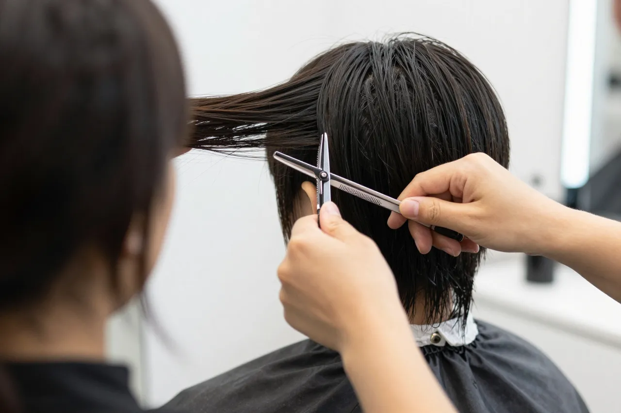 A hair stylist cuts a seated client's wet hair from a behind perspective in a bright salon