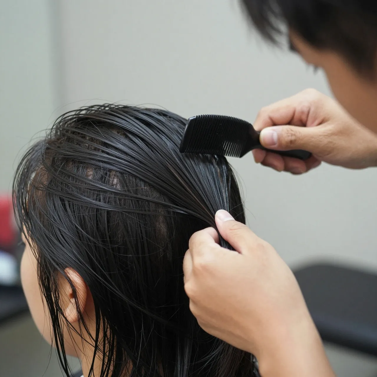 A hairdresser uses a comb to section wet dark hair on a salon client before a haircut.