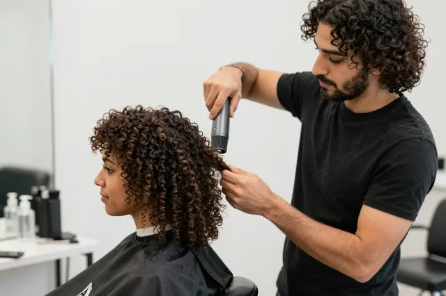 A male hairdresser blow-dries a seated woman's curly hair in a bright modern salon
