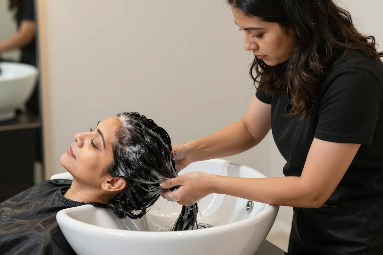 A salon stylist washes a client's hair over a white hair washing basin