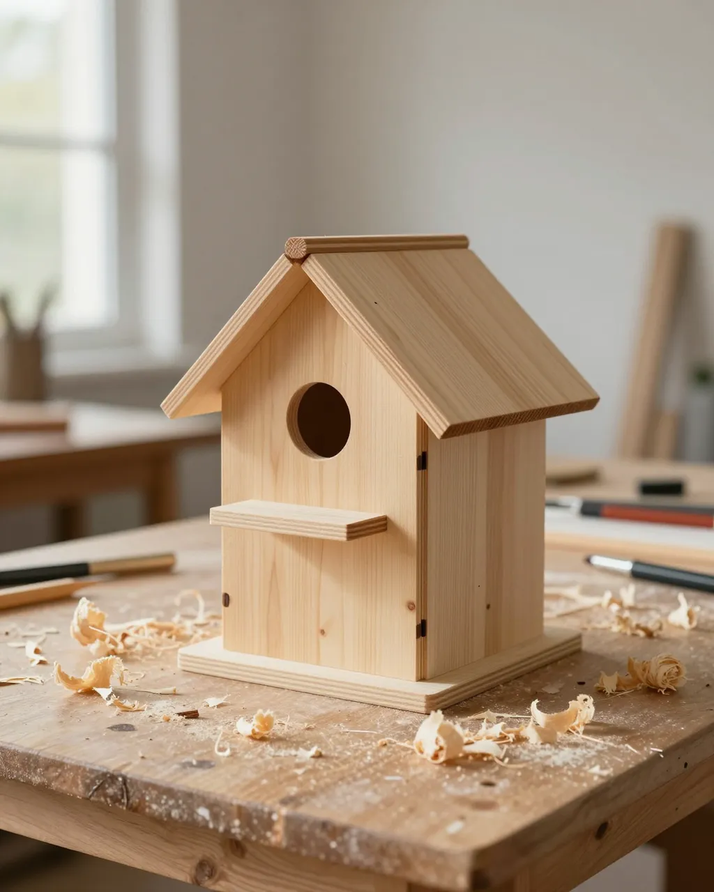 Unfinished wooden birdhouse sits on a workbench scattered with wood shavings in warm window light
