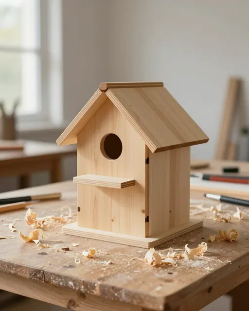 Unfinished wooden birdhouse sits on a workbench scattered with wood shavings in warm window light