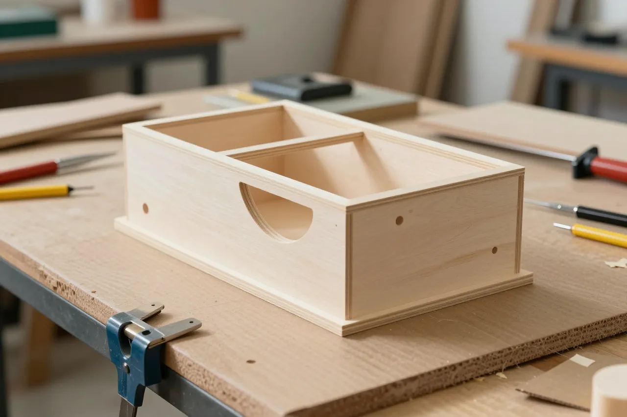 An unfinished plywood box prototype rests on a cluttered maker space workbench with small woodworking tools