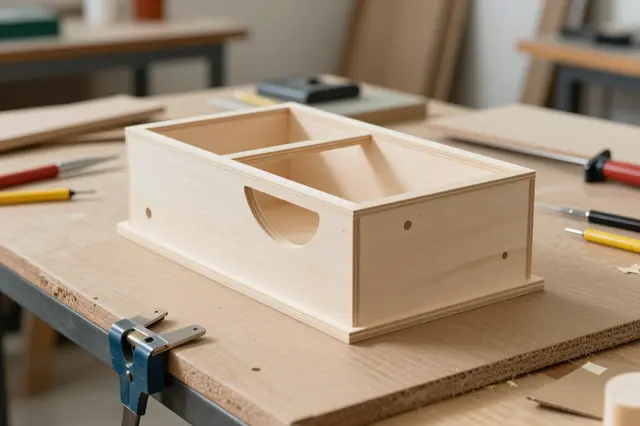 An unfinished plywood box prototype rests on a cluttered maker space workbench with small woodworking tools