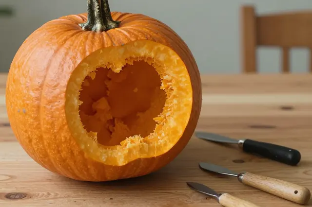 Partially hollowed pumpkin sits with carving knives atop a light wooden table