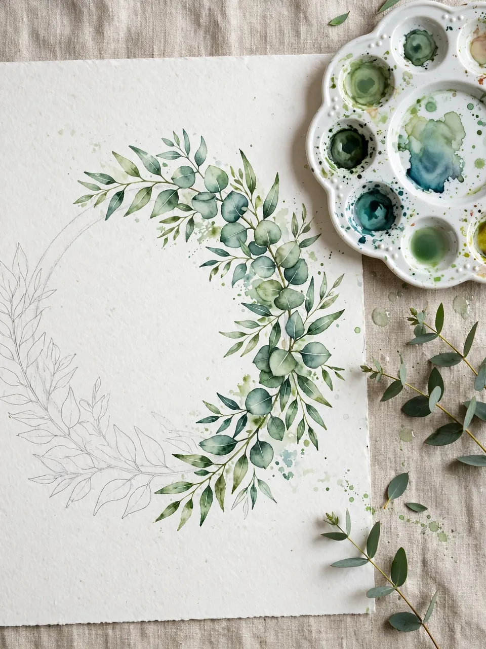 Overhead view of a partially painted watercolor eucalyptus wreath beside a ceramic palette on linen fabric.