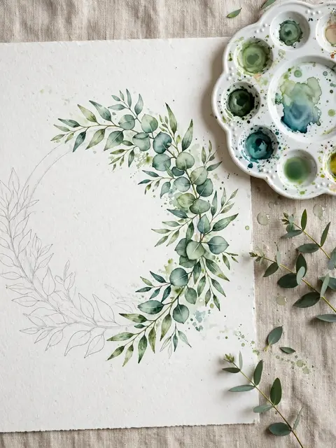 Overhead view of a partially painted watercolor eucalyptus wreath beside a ceramic palette on linen fabric.