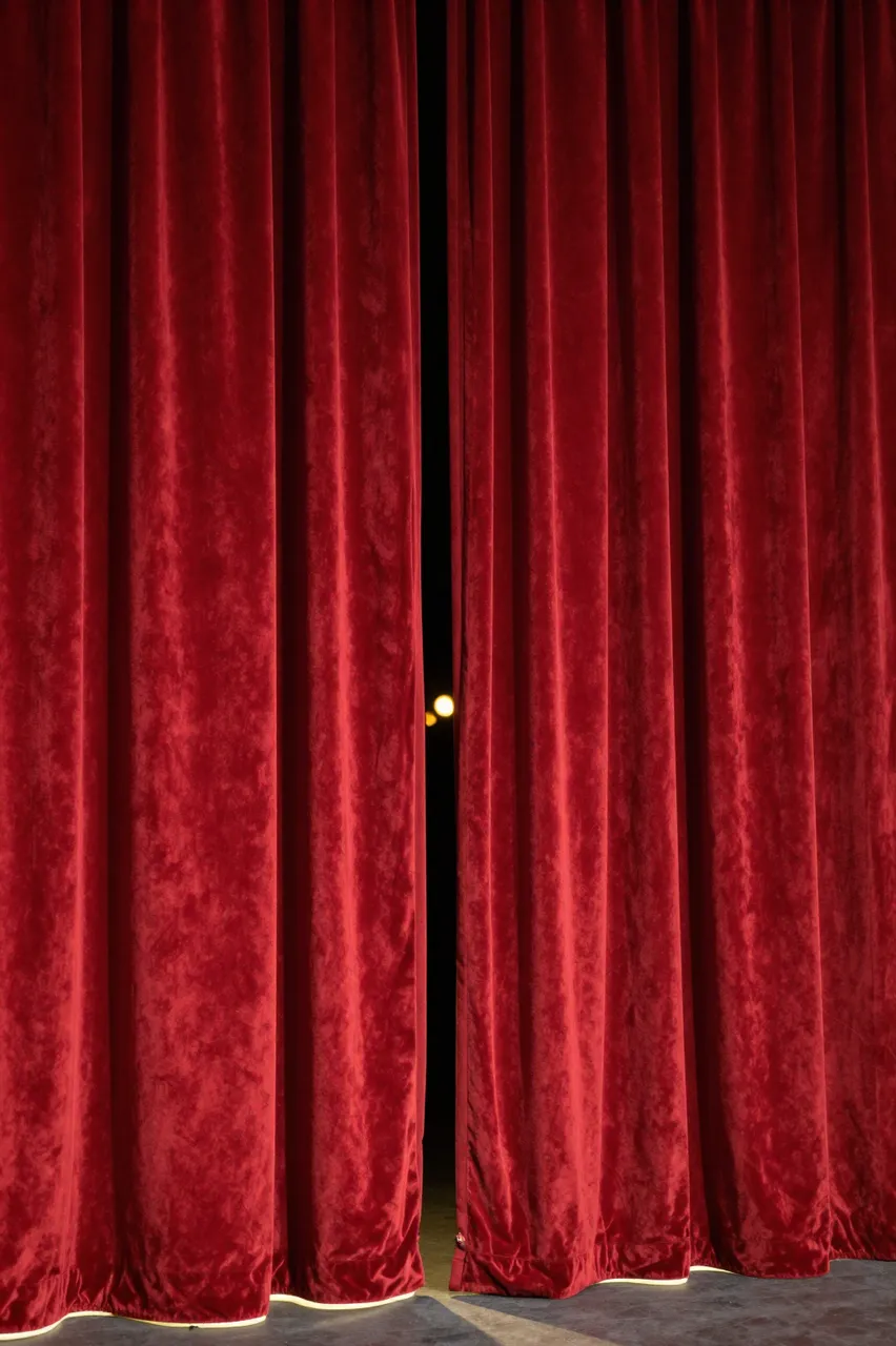 Heavy red velvet stage curtains stand slightly parted with glowing warm footlights at the base