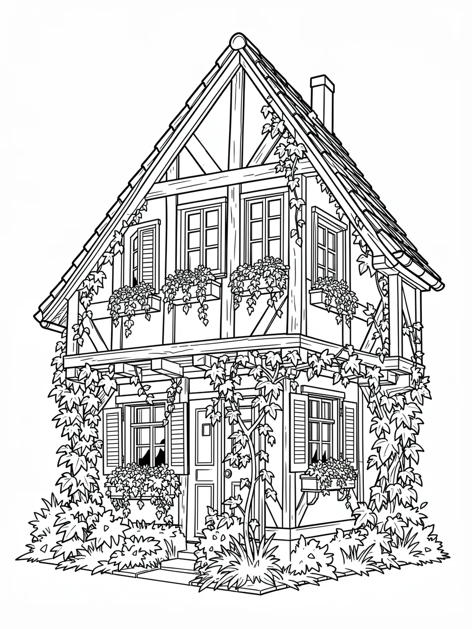 Black and white line art coloring page of an intricate half-timbered cottage with ivy and window boxes on a plain white