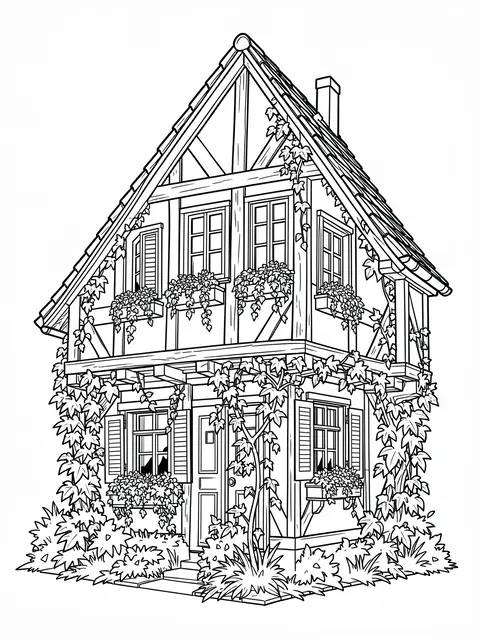 Black and white line art coloring page of an intricate half-timbered cottage with ivy and window boxes on a plain white
