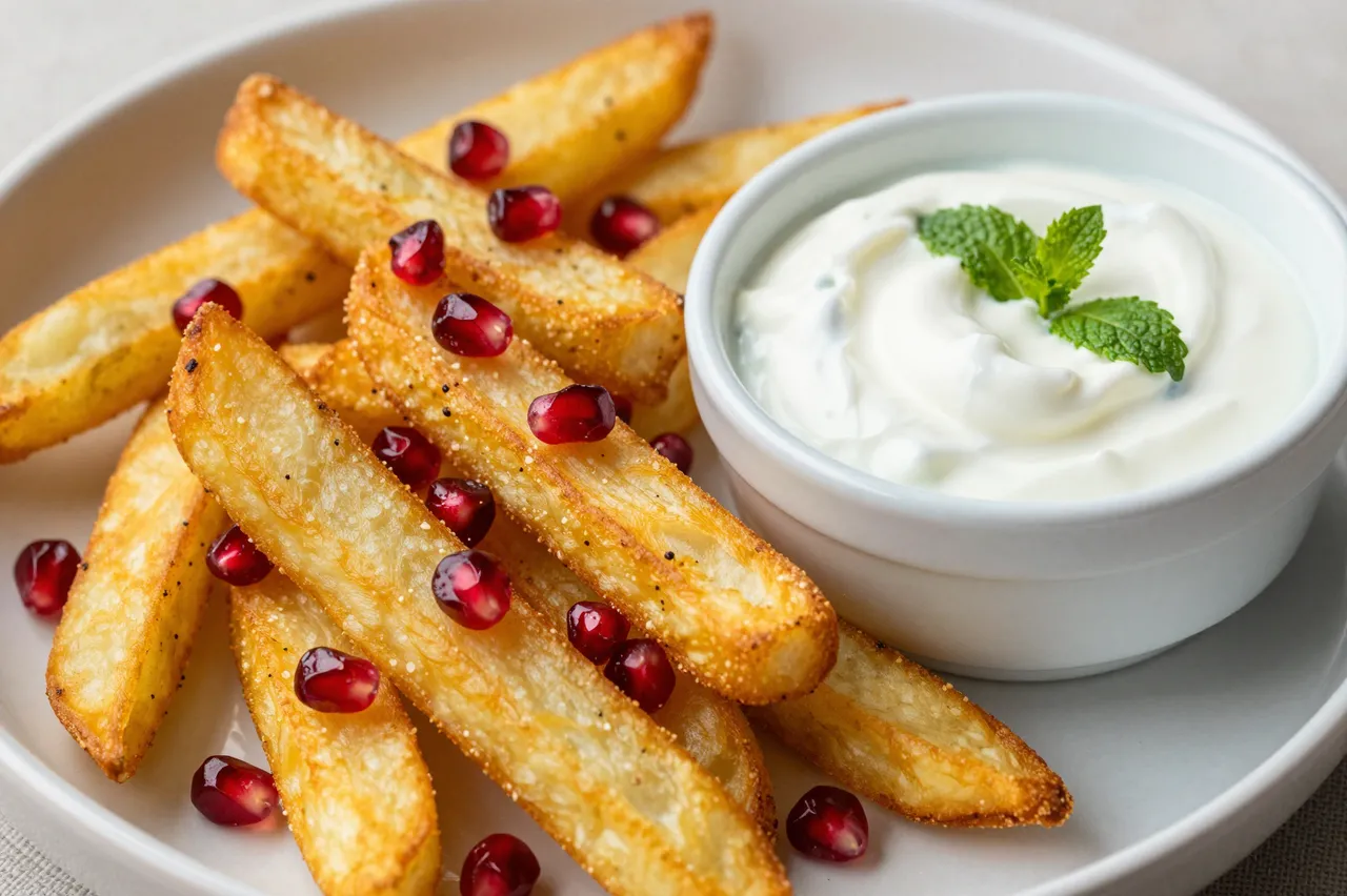 Crispy golden halloumi fries topped with pomegranate seeds sit next to a mint-garnished yogurt dip on a plate