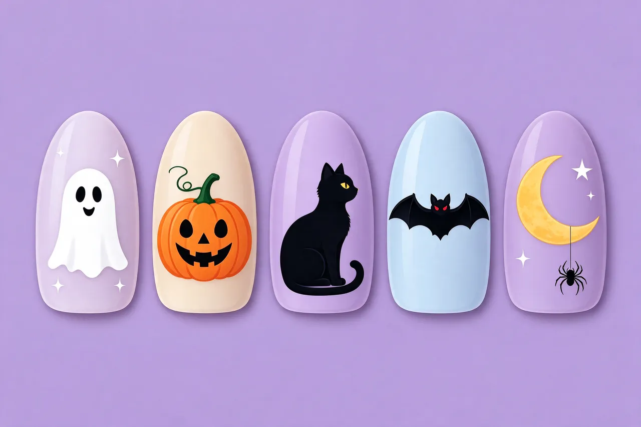 Five decorated almond nail tips in a row with Halloween illustrations on a lilac background