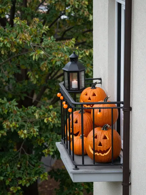 Carved jack-o-lanterns, a black lantern, and orange string lights decorate a small apartment balcony overlooking green trees.