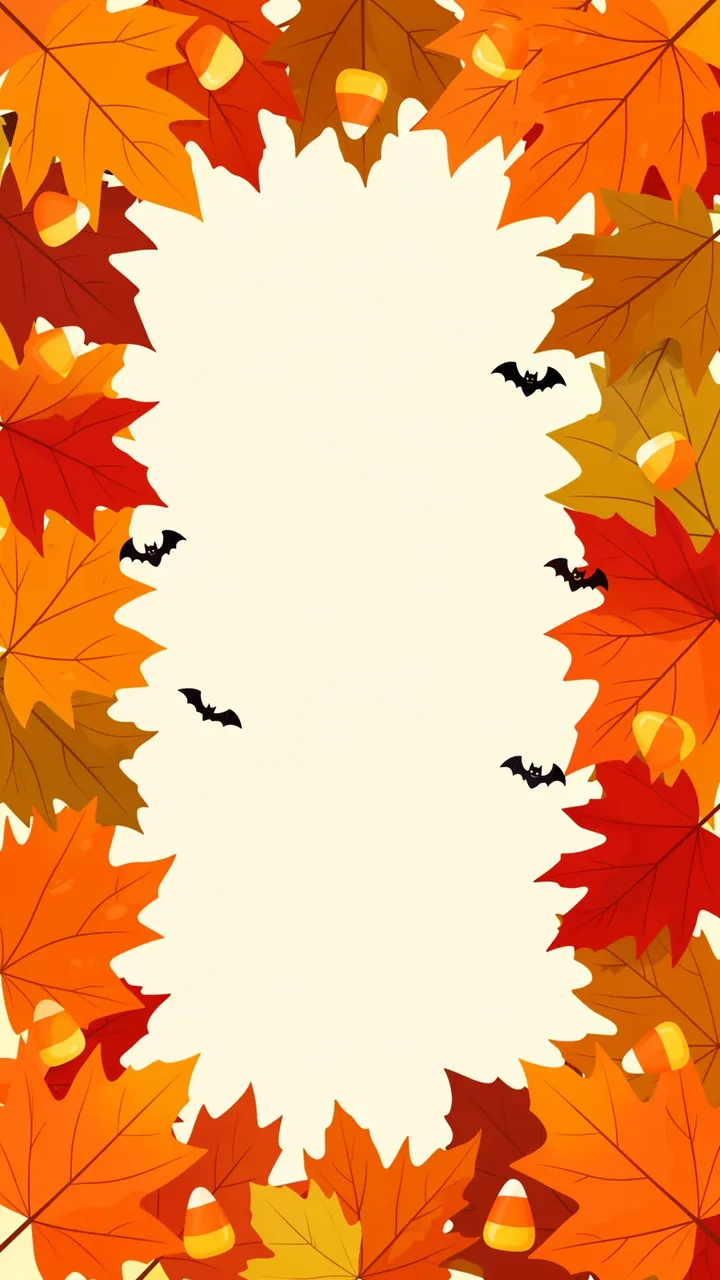 Vertical flat illustration frame of autumn maple leaves, candy corn and tiny bats around an empty cream copy space center