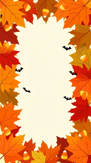 Vertical flat illustration frame of autumn maple leaves, candy corn and tiny bats around an empty cream copy space center