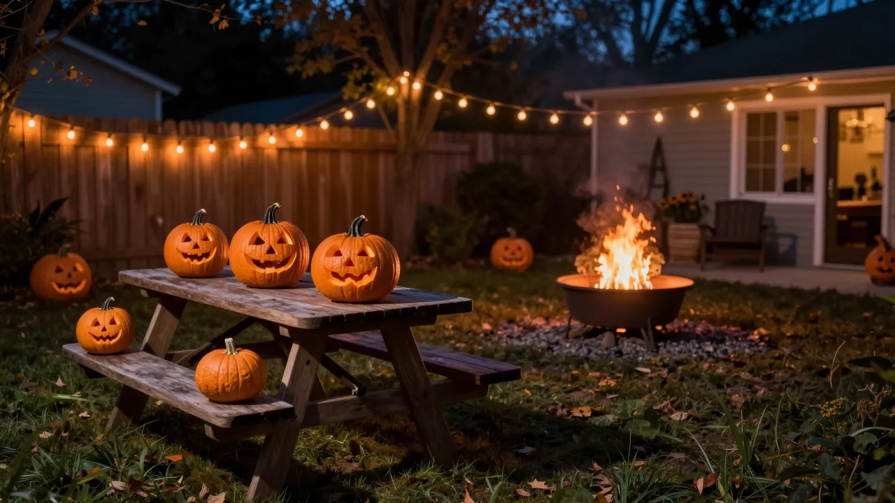 Lit carved jack-o'-lanterns rest on a picnic table beside a glowing fire pit strung with orange string lights