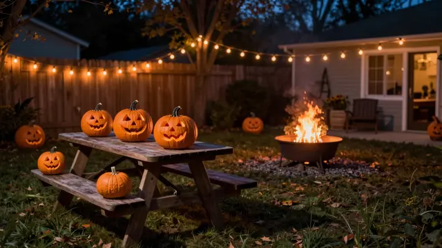 Lit carved jack-o'-lanterns rest on a picnic table beside a glowing fire pit strung with orange string lights