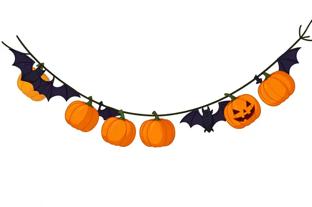 A curved hanging garland strung with orange pumpkins and black flying bat illustrations on a plain white background