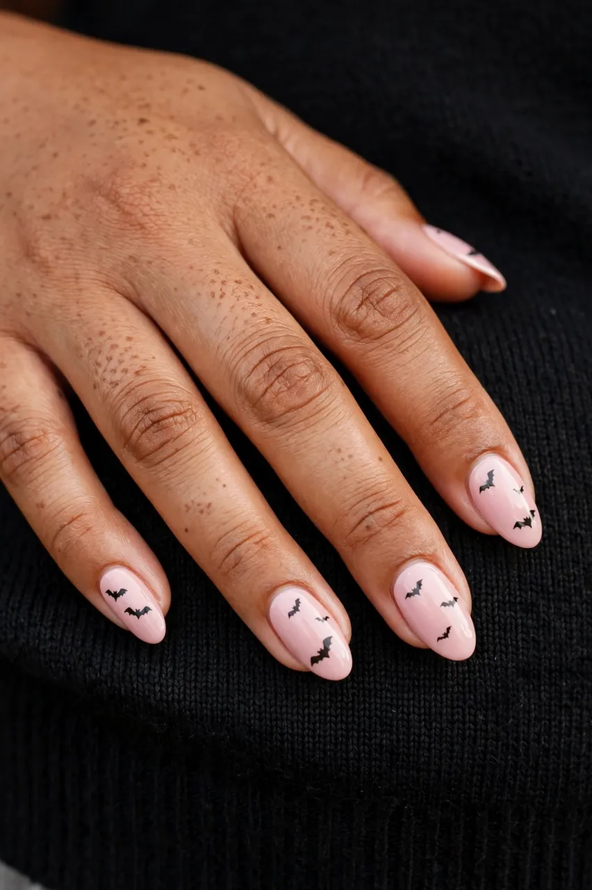 A Pacific Islander woman's hand rests on black knit fabric showing almond pink nails with tiny black bat decals