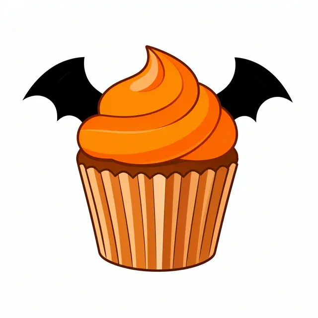 Flat clipart illustration of a cupcake with orange frosting and black bat wings, isolated on a plain white background