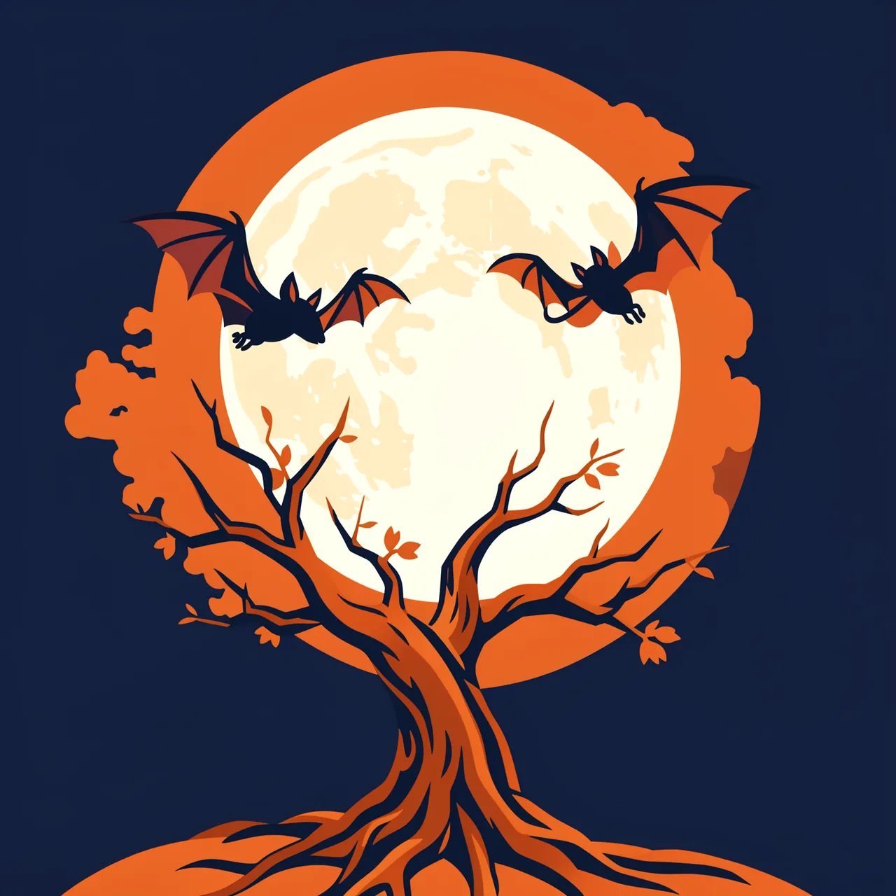 Two bats fly before a full moon above a gnarled crooked tree in a flat orange and navy illustration