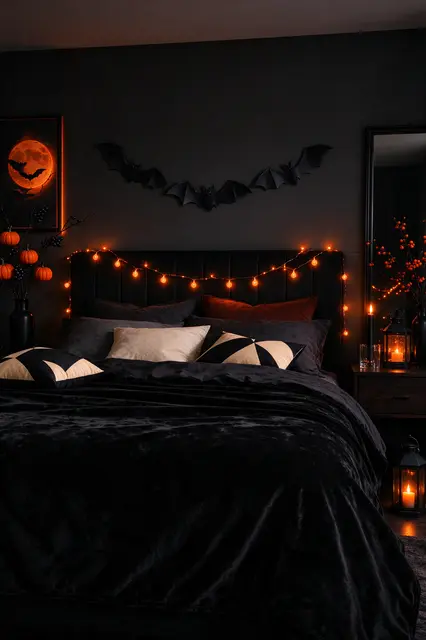Dimly lit bedroom styled with Halloween decor, fairy lights, and a black velvet bedspread