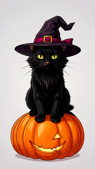 A black cat wearing a witch hat sits atop a glowing carved jack-o'-lantern