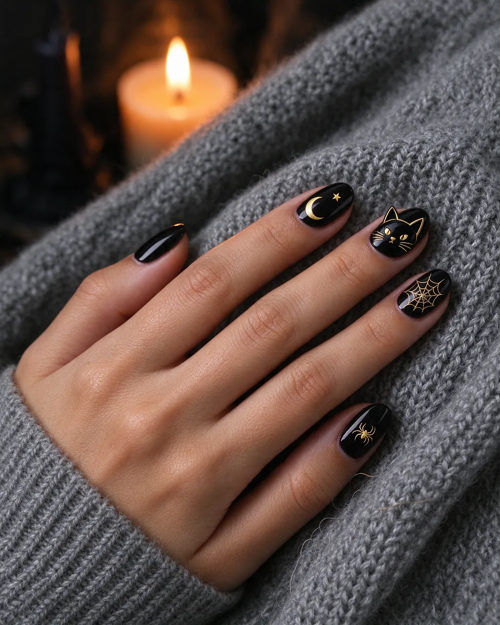 A woman's hand with black Halloween nail art rests on a grey knit sweater near a lit candle