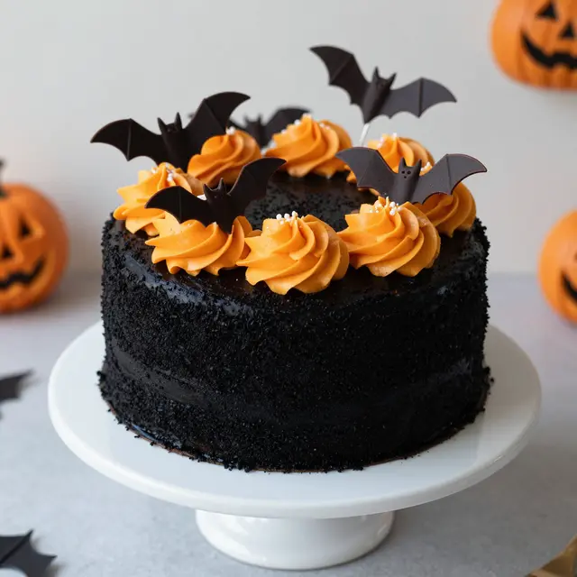 Black velvet Halloween cake with orange buttercream and chocolate bat toppers sits on a white cake stand