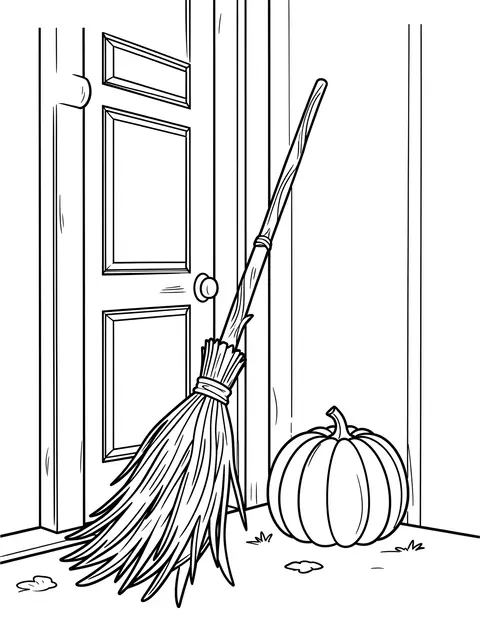 Black and white line art coloring page of a witch's broom and pumpkin leaning beside a paneled front door