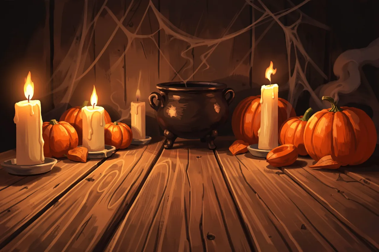 Painterly illustration of a wooden Halloween table with lit candles, pumpkins, a cauldron, and empty foreground copy space