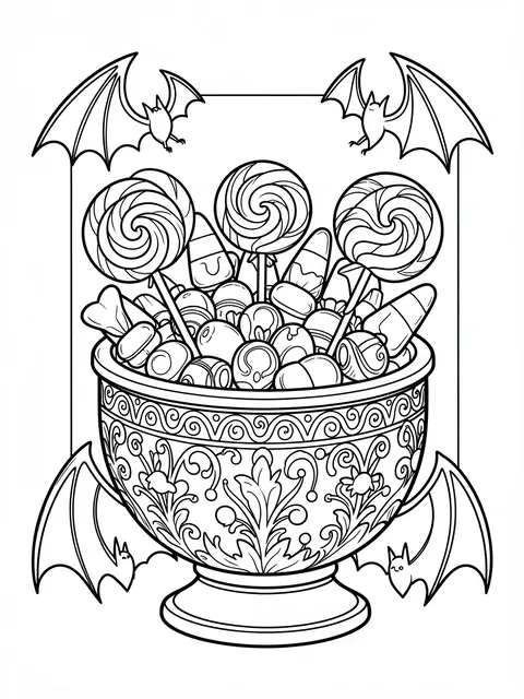 Black and white line art of an ornate candy bowl full of treats, framed by four bats on a plain white background
