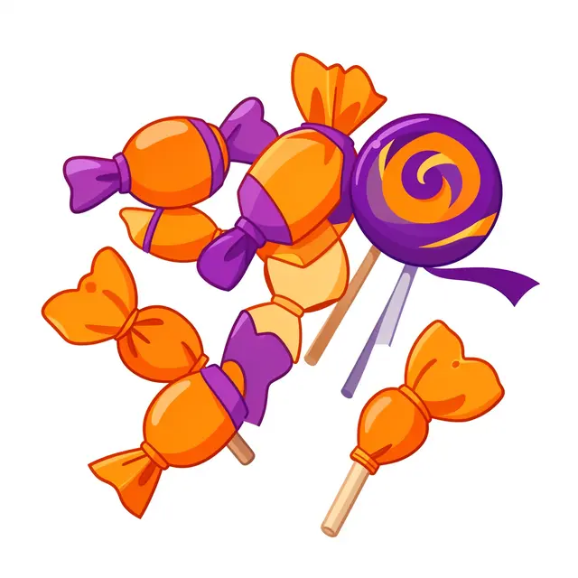 Flat cartoon illustration of wrapped Halloween candies and swirled lollipops in orange and purple on a white background
