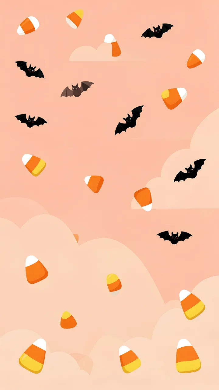 Floating candy corn and small black bats tumble across a soft peach cloudy sky in a vertical flat vector design.