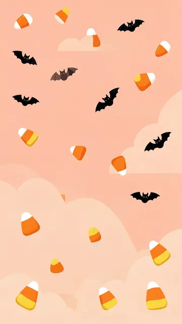 Floating candy corn and small black bats tumble across a soft peach cloudy sky in a vertical flat vector design.