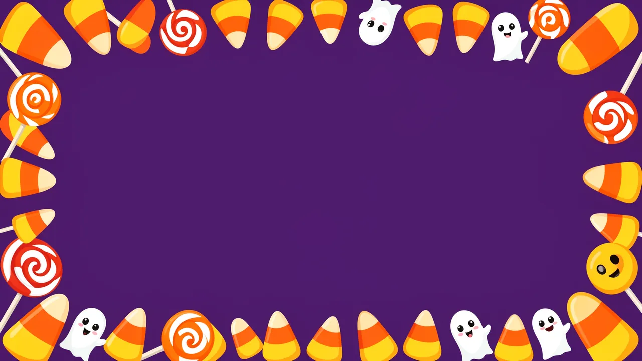 A deep purple background framed by candy corn, swirled lollipops and cute cartoon ghosts with an empty central copy space.