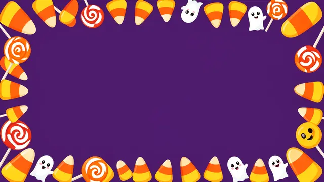 A deep purple background framed by candy corn, swirled lollipops and cute cartoon ghosts with an empty central copy space.