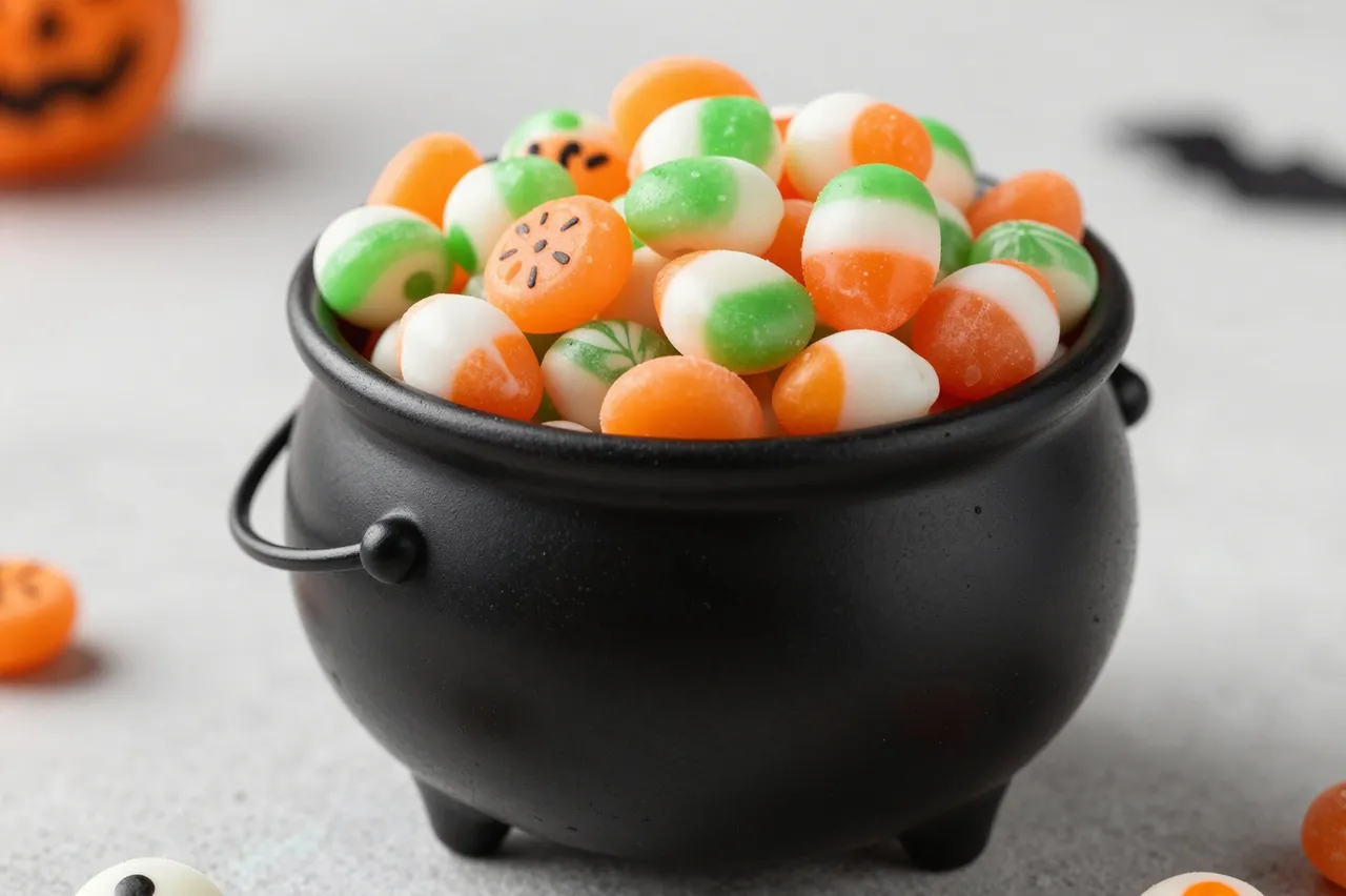 A small black cauldron bowl filled with festive Halloween candies rests on a light gray table surface